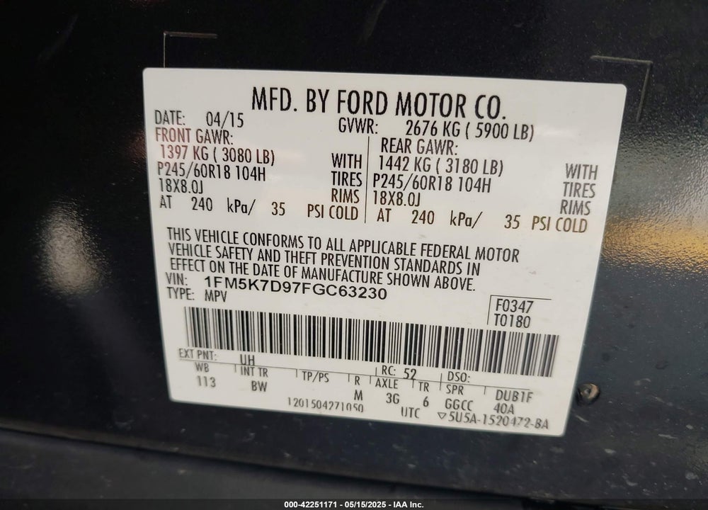 2015 FORD EXPLORER XLT VIN: 1FM5K7D97FGC63230