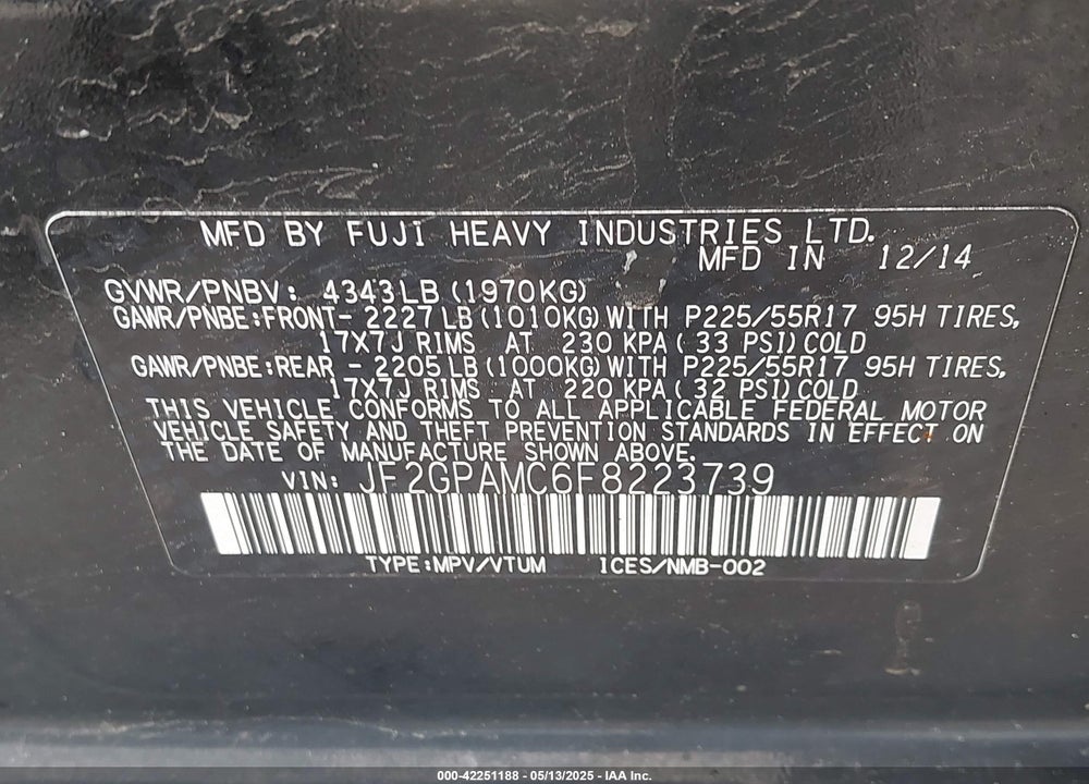 2015 SUBARU XV CROSSTREK VIN: JF2GPAMC6F8223739