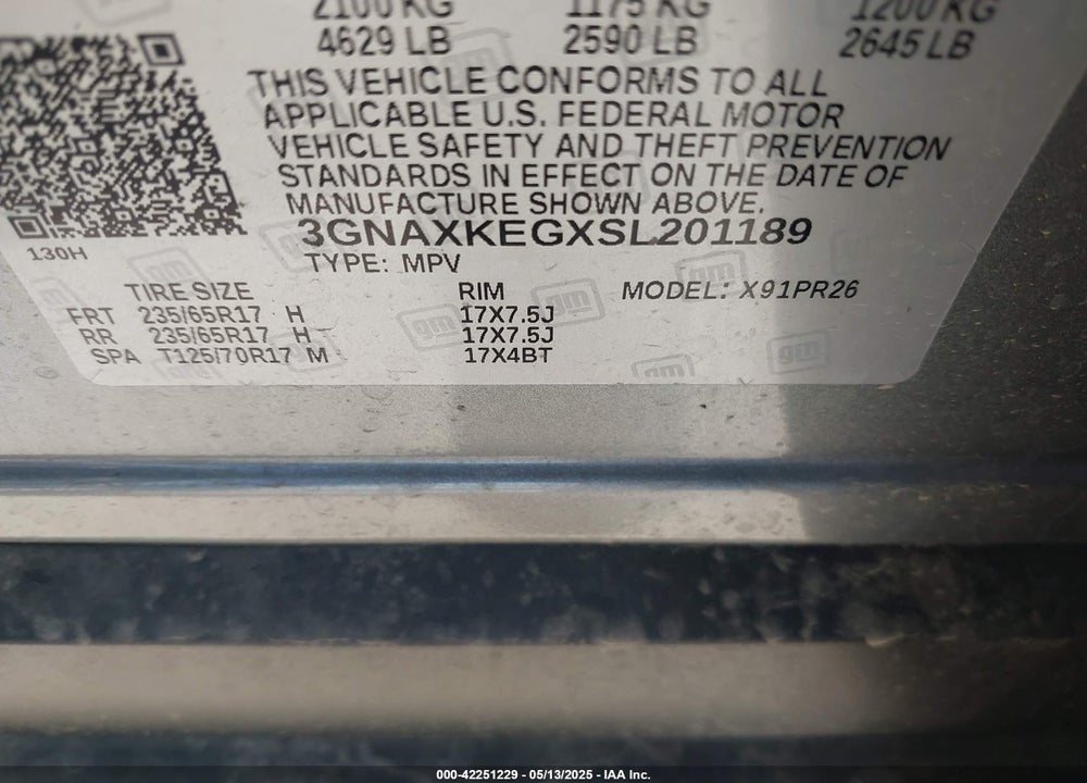 2025 CHEVROLET EQUINOX VIN: 3GNAXKEGXSL201189