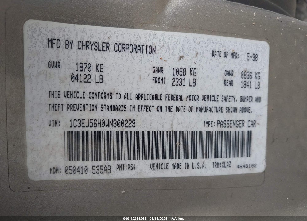 1998 CHRYSLER CIRRUS LXI VIN: 1C3EJ56H0WN300229