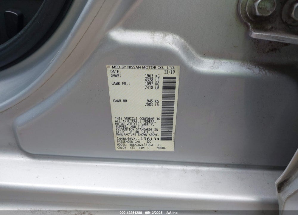 2020 NISSAN ALTIMA VIN: 1N4BL4BVXLC196134