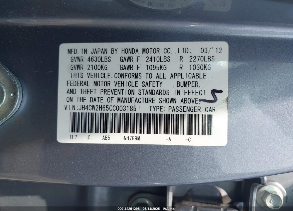 2012 ACURA TSX 2.4 VIN: JH4CW2H65CC003185