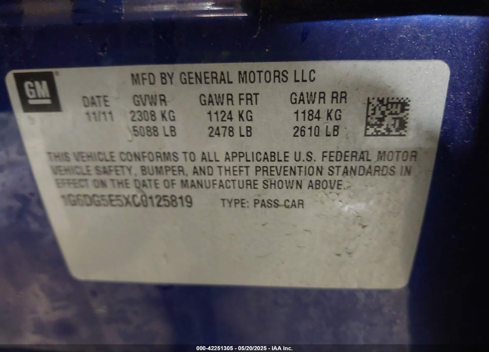 2012 CADILLAC CTS VIN: 1G6DG5E5XC0125819