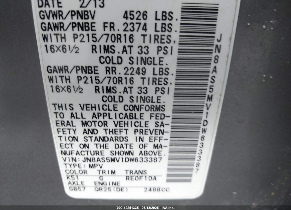 2013 NISSAN ROGUE S VIN: JN8AS5MV1DW633387