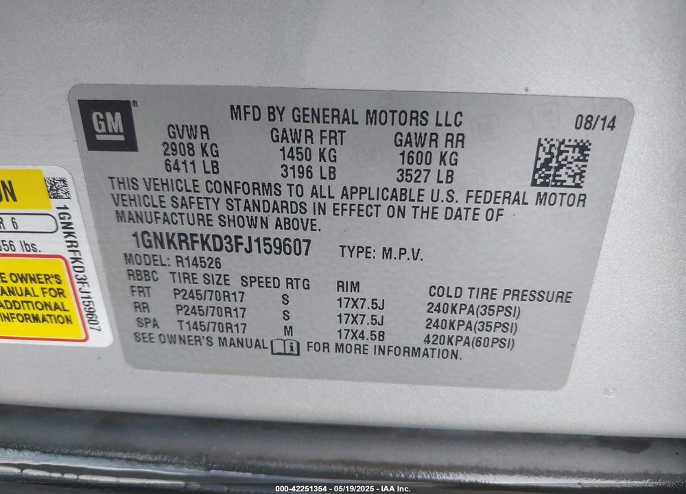 2015 CHEVROLET TRAVERSE LS VIN: 1GNKRFKD3FJ159607