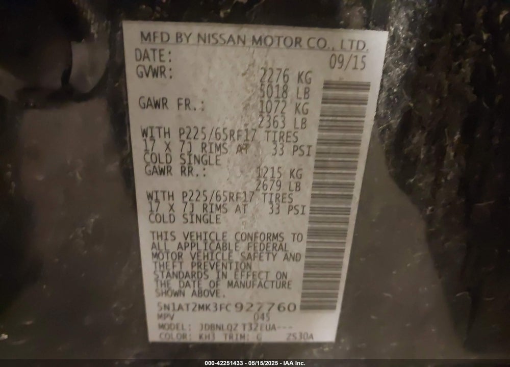 2015 NISSAN ROGUE VIN: 5N1AT2MK3FC927760
