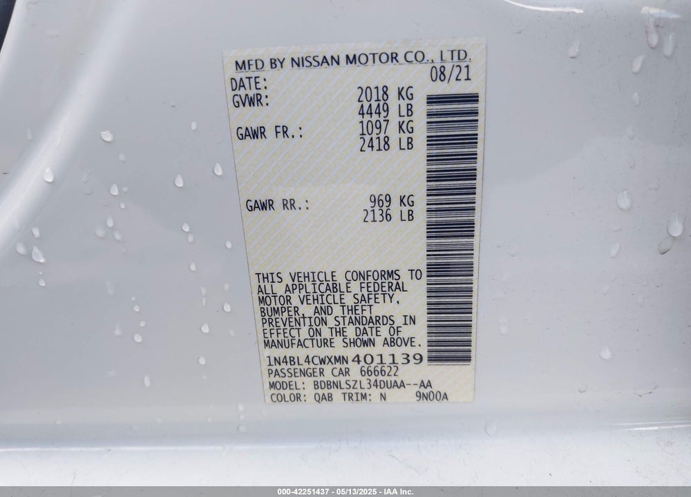 2021 NISSAN ALTIMA SR INTELLIGENT AWD VIN: 1N4BL4CWXMN401139
