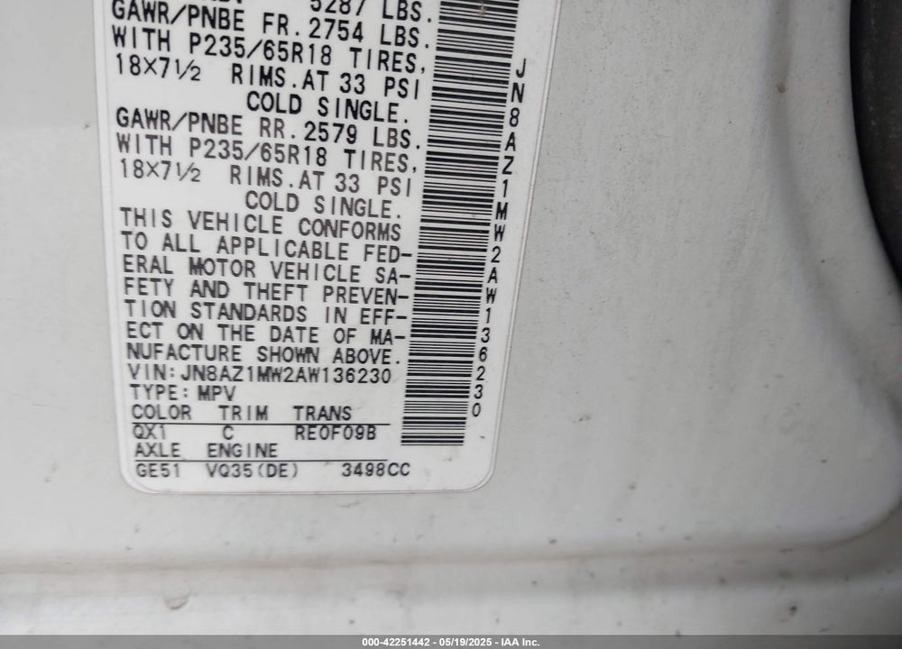 2010 NISSAN MURANO SL VIN: JN8AZ1MW2AW136230