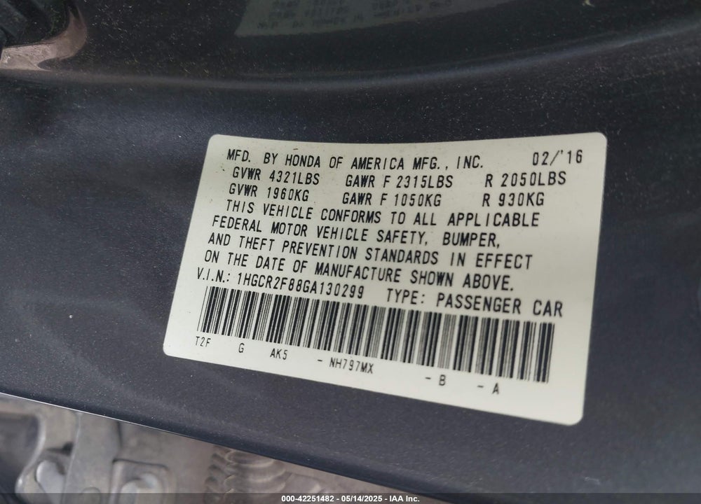 2016 HONDA ACCORD VIN: 1HGCR2F88GA130299