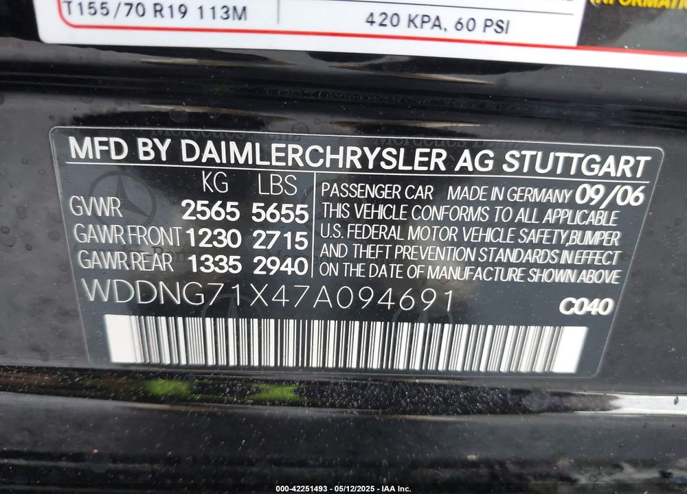 2007 MERCEDES-BENZ S 550 VIN: WDDNG71X47A094691