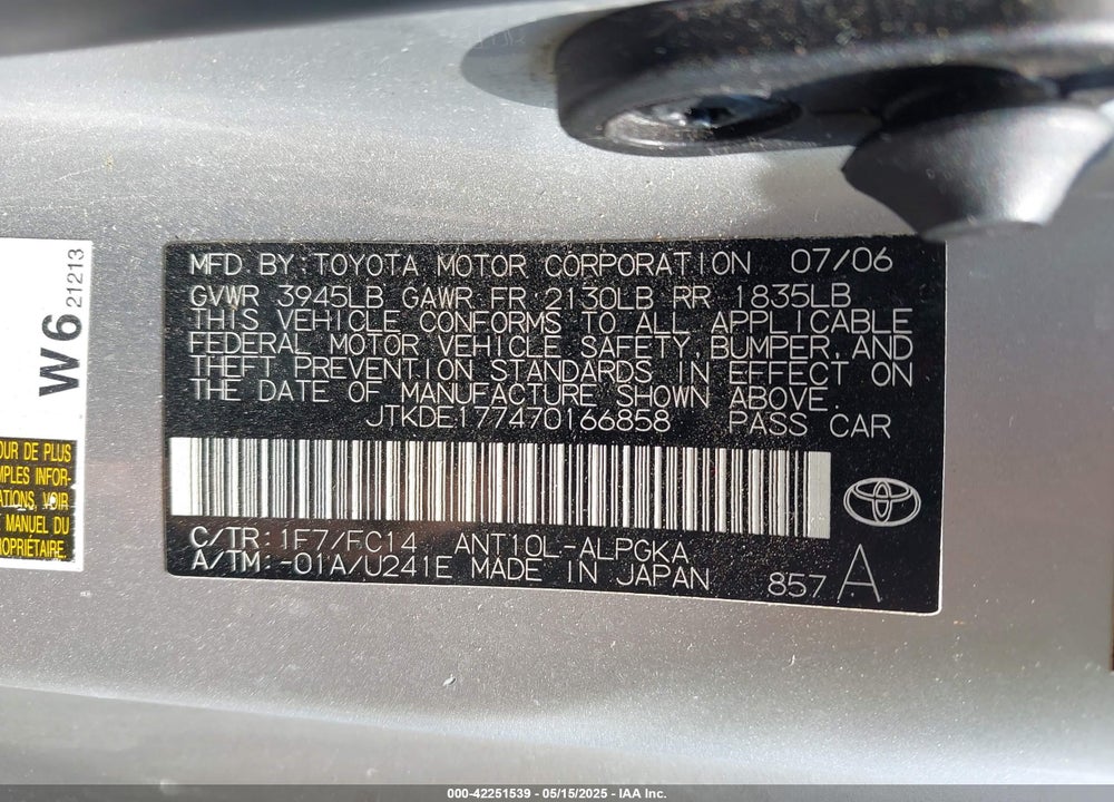 2007 SCION TC VIN: JTKDE177470166858