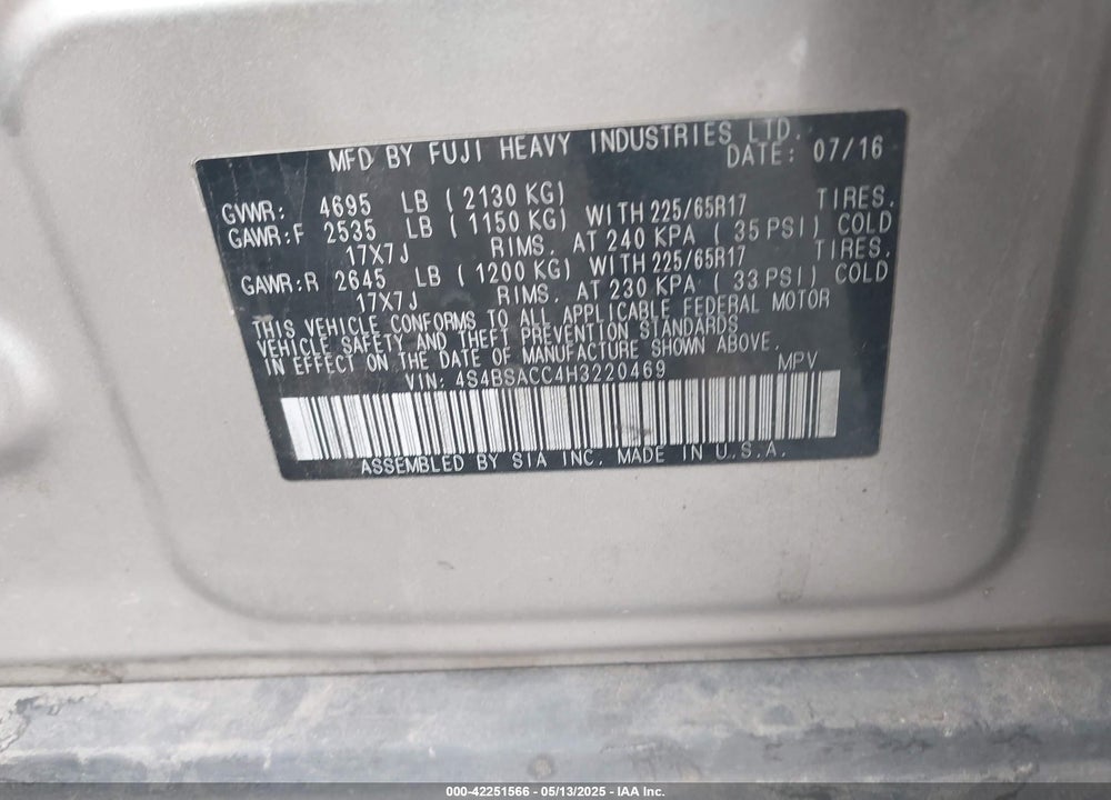 2017 SUBARU OUTBACK VIN: 4S4BSACC4H3220469