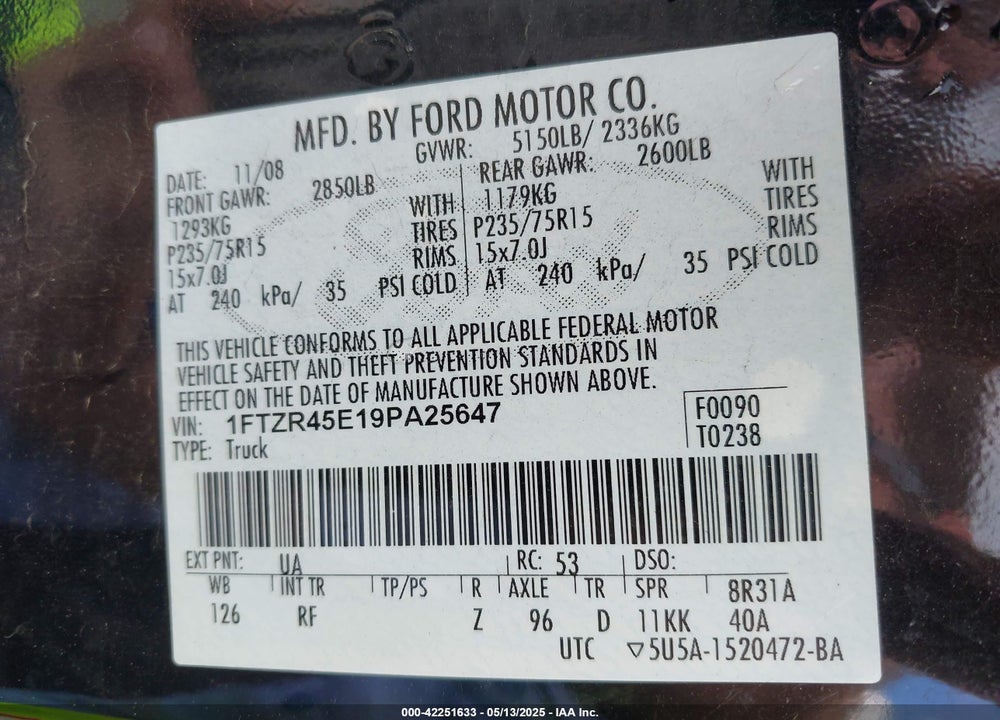 2009 FORD RANGER VIN: 1FTZR45E19PA25647
