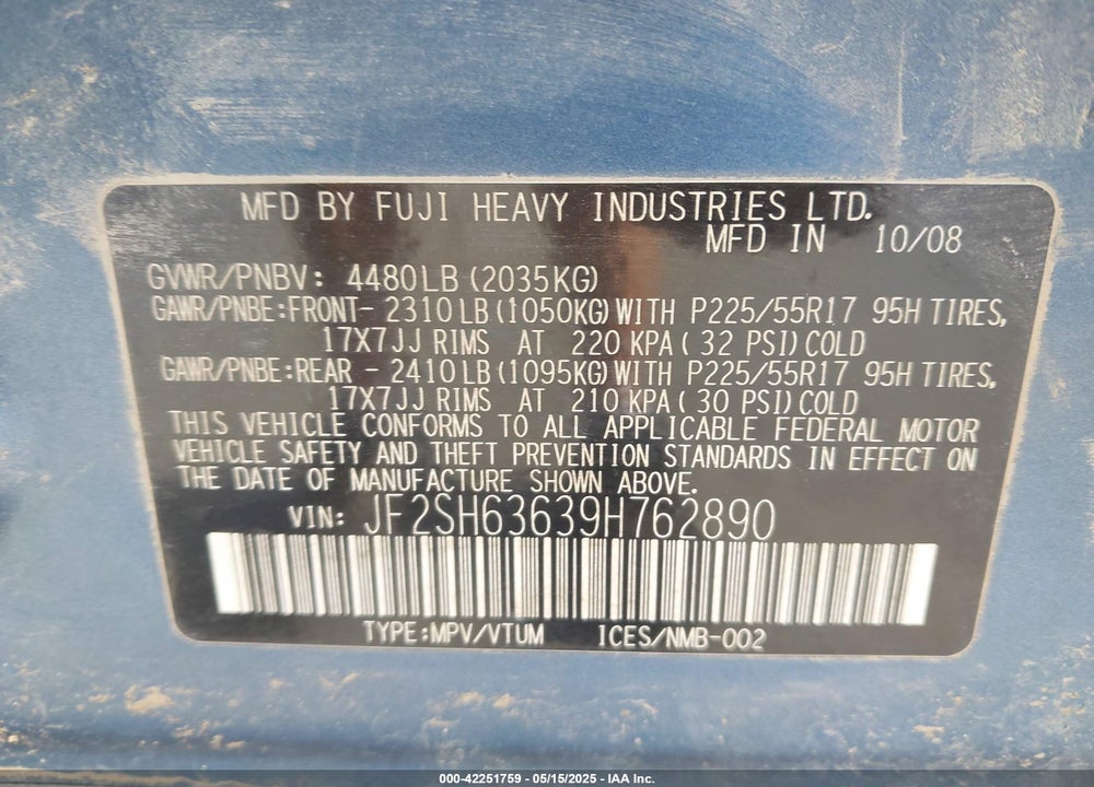 2009 SUBARU FORESTER 2.5X VIN: JF2SH63639H762890