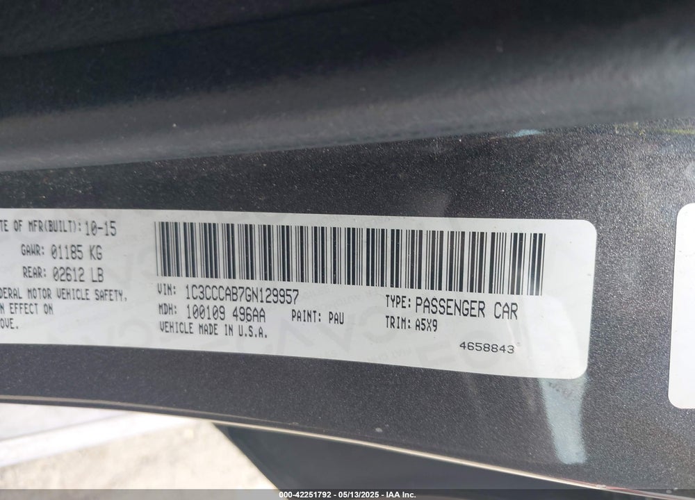 2016 CHRYSLER 200 LIMITED VIN: 1C3CCCAB7GN129957