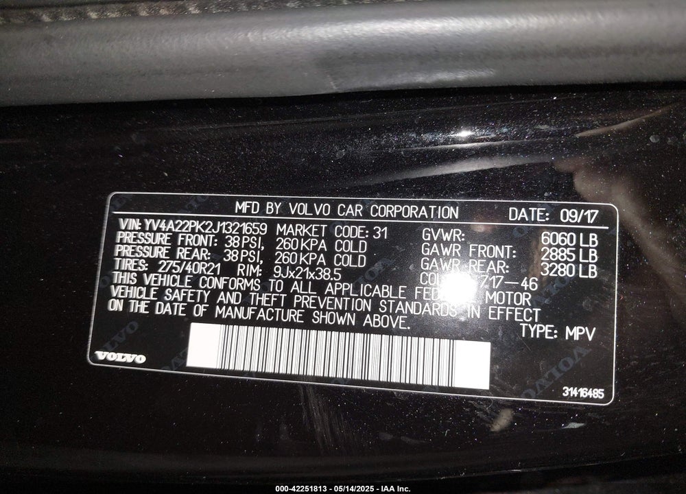 2018 VOLVO XC90 VIN: YV4A22PK2J1321659