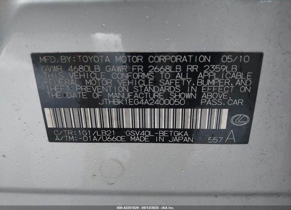 2010 LEXUS ES 350 VIN: JTHBK1EG4A2400050