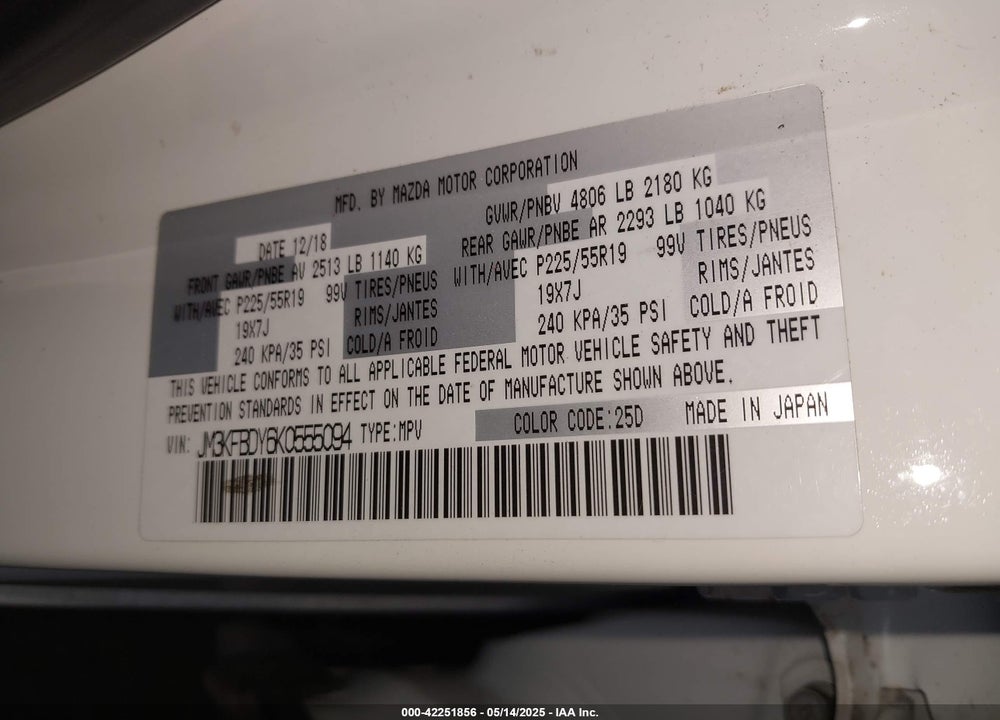 2019 MAZDA CX-5 VIN: JM3KFBDY6K0555094