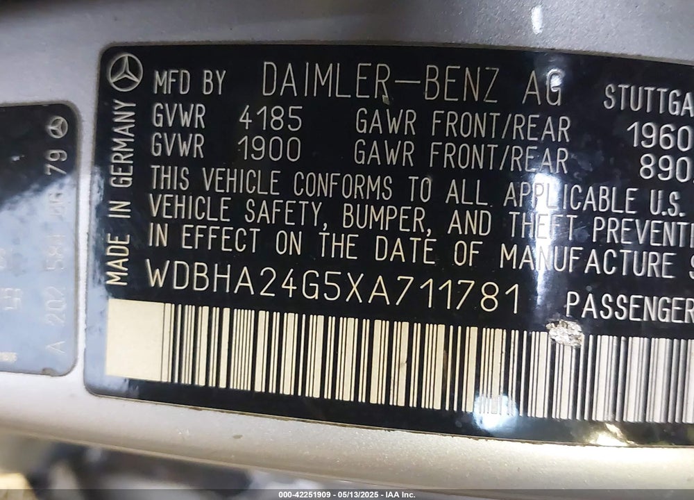 1999 MERCEDES-BENZ C 230 KOMPRESSOR VIN: WDBHA24G5XA711781