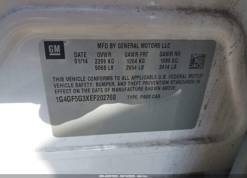 2014 BUICK LACROSSE VIN: 1G4GF5G3XEF202760