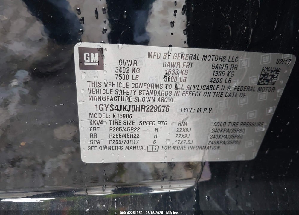 2017 CADILLAC ESCALADE VIN: 1GYS4JKJ0HR229076