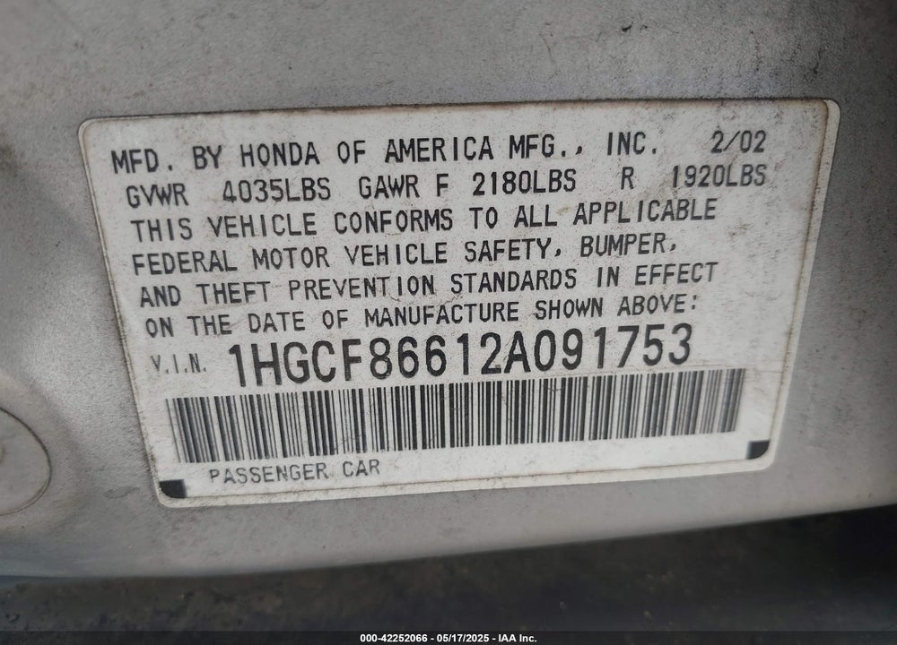2002 HONDA ACCORD 2.3 VP VIN: 1HGCF86612A091753
