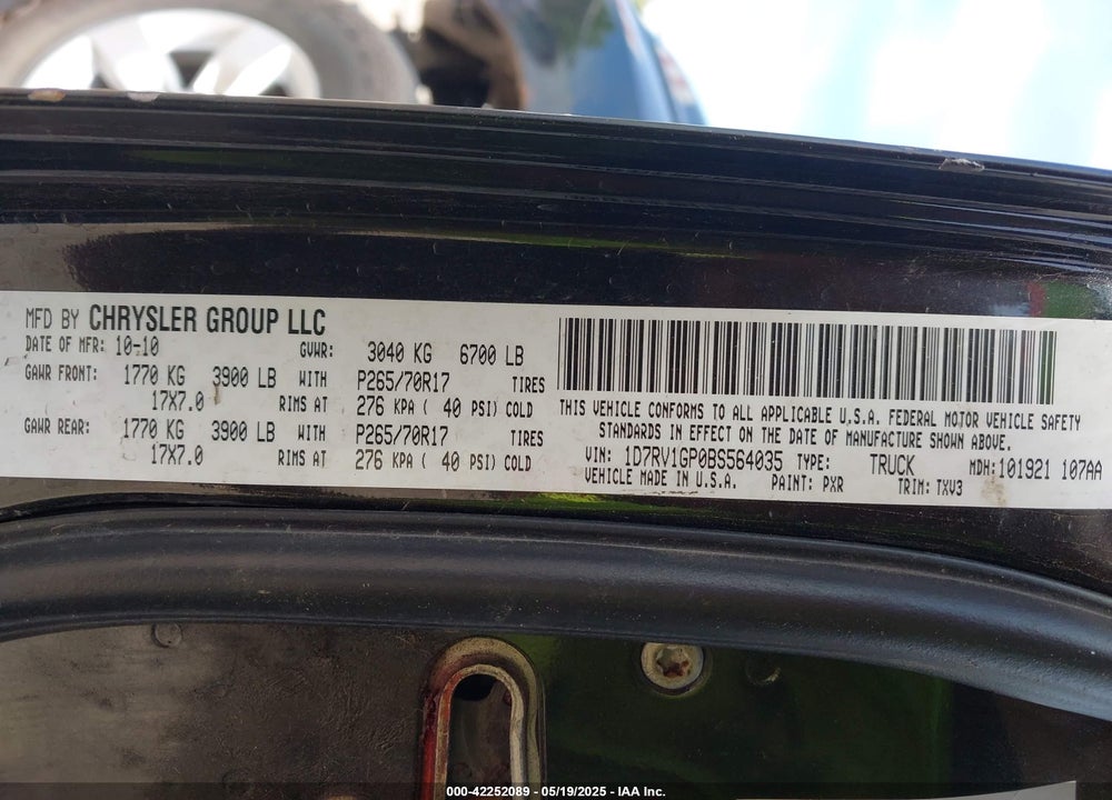 2011 RAM 1500 VIN: 1D7RV1GP0BS564035