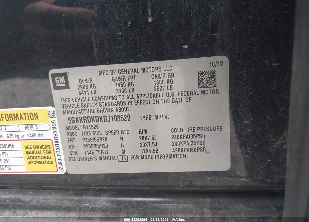 2013 BUICK ENCLAVE PREMIUM VIN: 5GAKRDKDXDJ108620