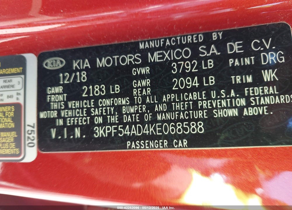 2019 KIA FORTE VIN: 3KPF54AD4KE068588