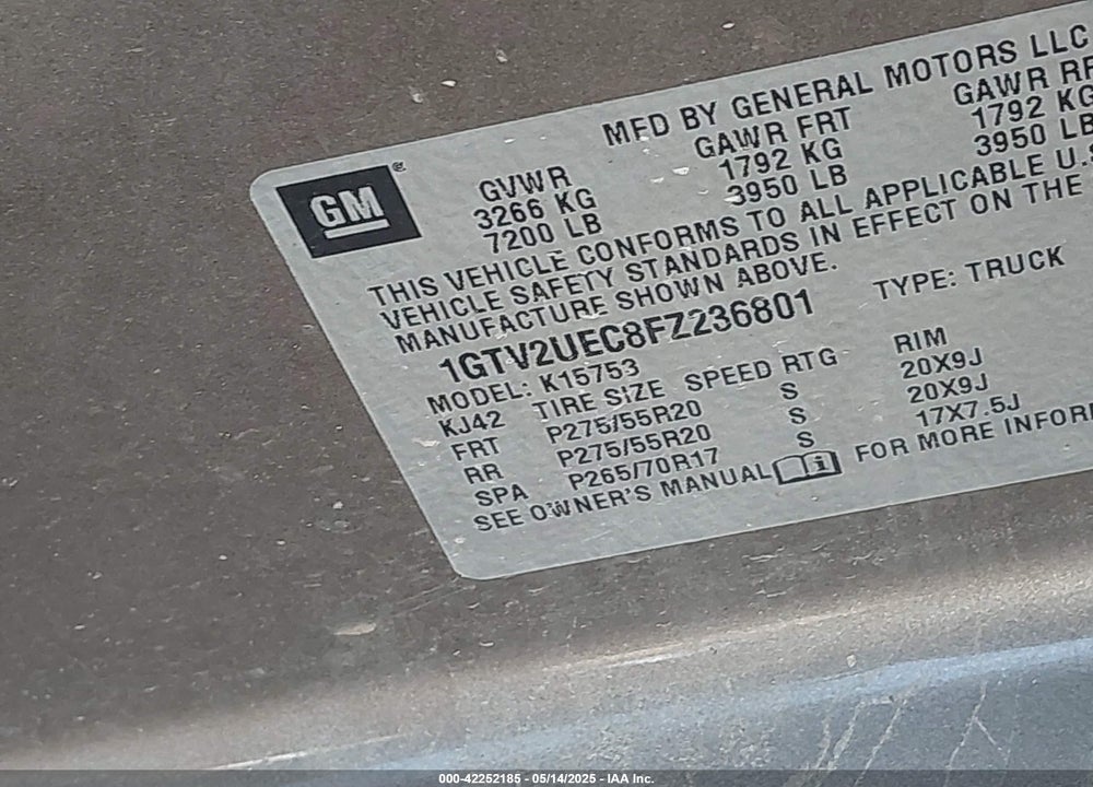 2015 GMC SIERRA VIN: 1GTV2UEC8FZ236801