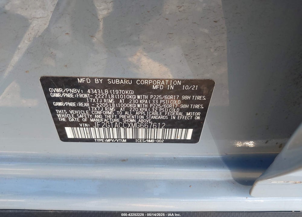2021 SUBARU CROSSTREK VIN: JF2GTACCXMG667612