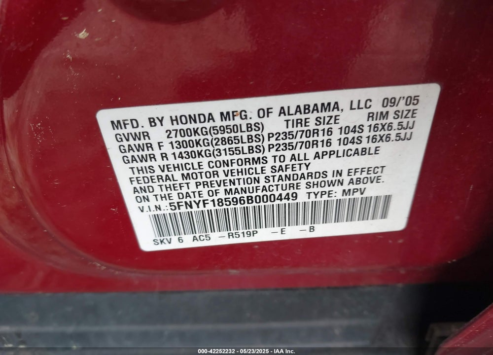 2006 HONDA PILOT EX-L VIN: 5FNYF18596B000449