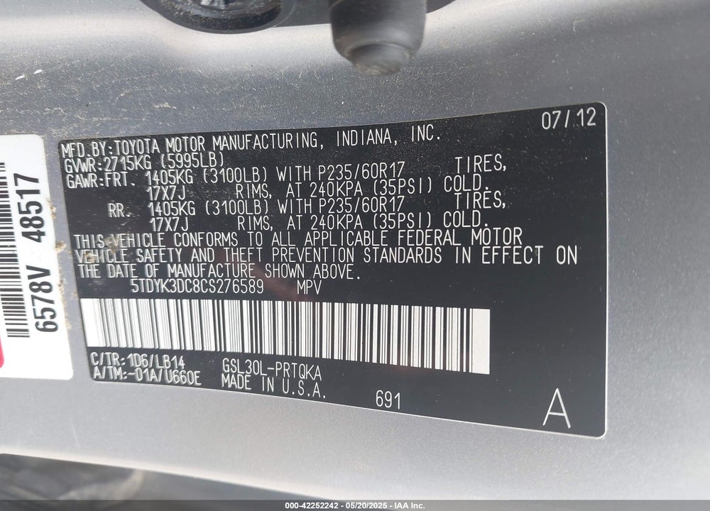 2012 TOYOTA SIENNA XLE V6 8 PASSENGER VIN: 5TDYK3DC8CS276589