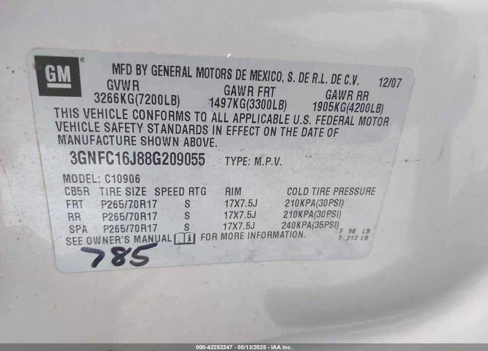 2008 CHEVROLET SUBURBAN VIN: 3GNFC16J88G209055