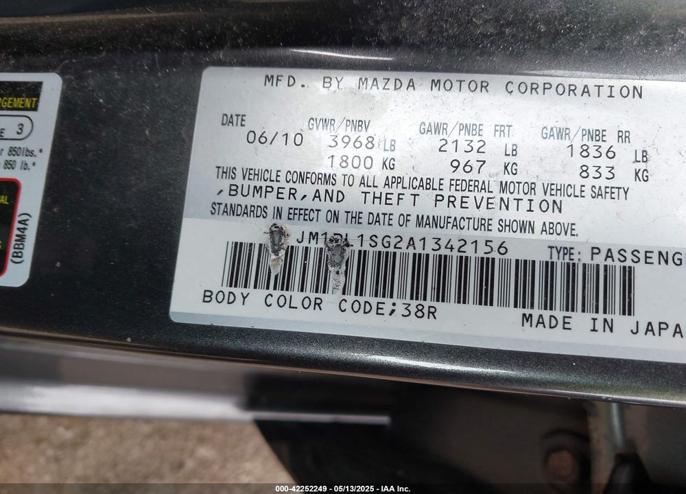 2010 MAZDA MAZDA3 VIN: JM1BL1SG2A1342156