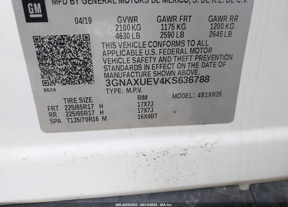 2019 CHEVROLET EQUINOX VIN: 3GNAXUEV4KS636788