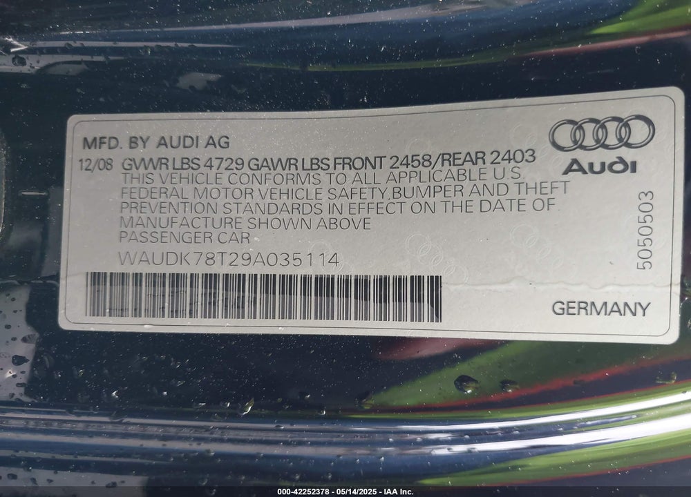 2009 AUDI A5 3.2 VIN: WAUDK78T29A035114
