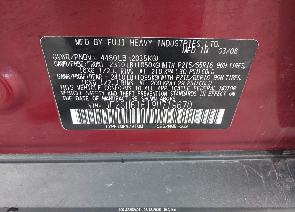 2009 SUBARU FORESTER VIN: JF2SH61619H719670