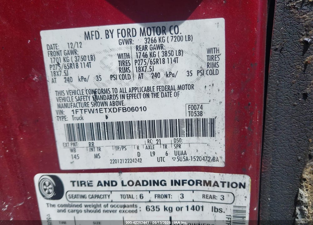 2013 FORD F-150 VIN: 1FTFW1ETXDFB06010