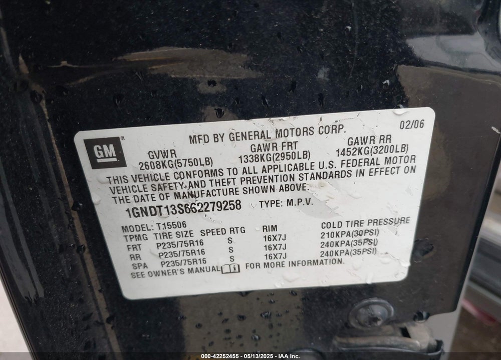 2006 CHEVROLET TRAILBLAZER VIN: 1GNDT13S662279258