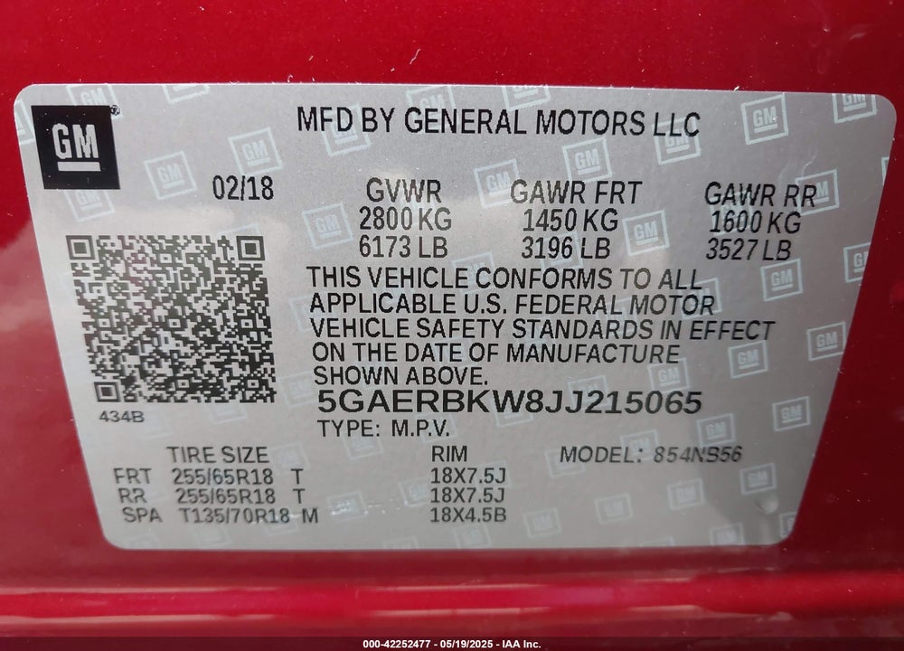 2018 BUICK ENCLAVE VIN: 5GAERBKW8JJ215065