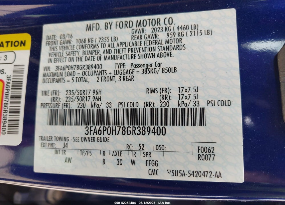 2016 FORD FUSION VIN: 3FA6P0H78GR389400