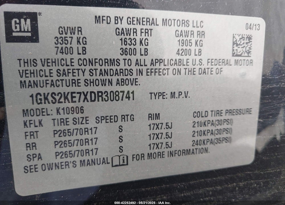 2013 GMC YUKON XL 1500 SLT VIN: 1GKS2KE7XDR308741