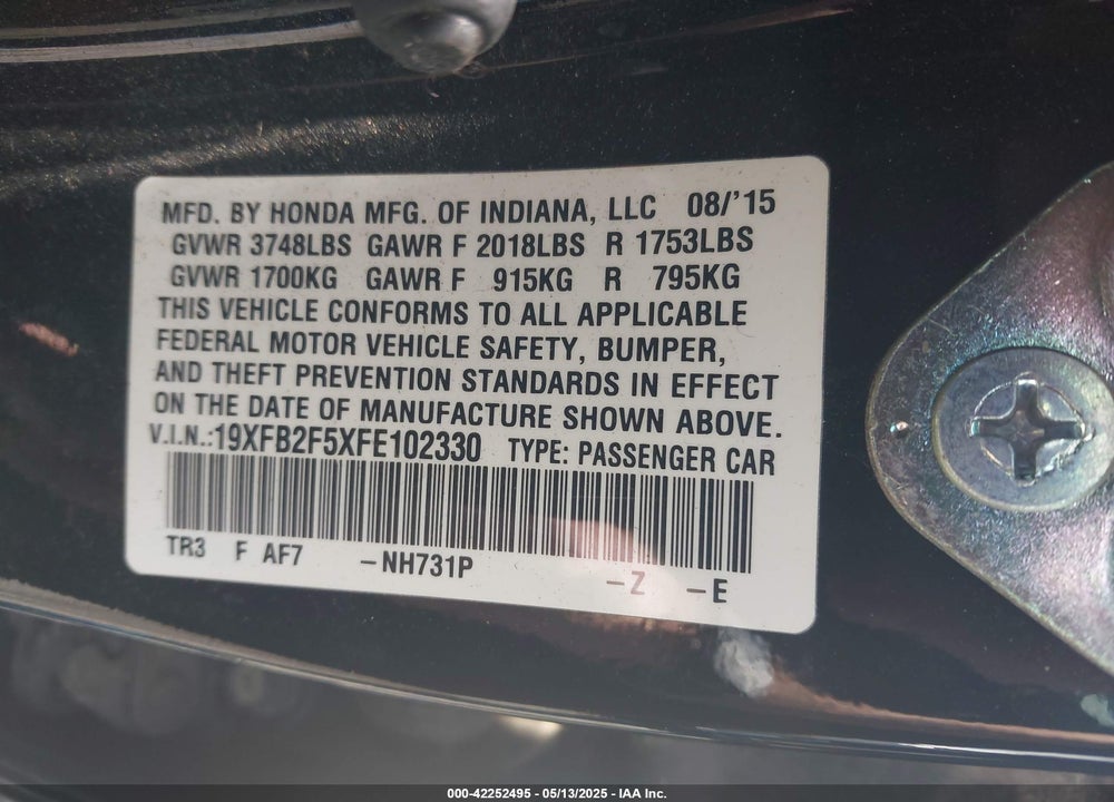 2015 HONDA CIVIC LX VIN: 19XFB2F5XFE102330