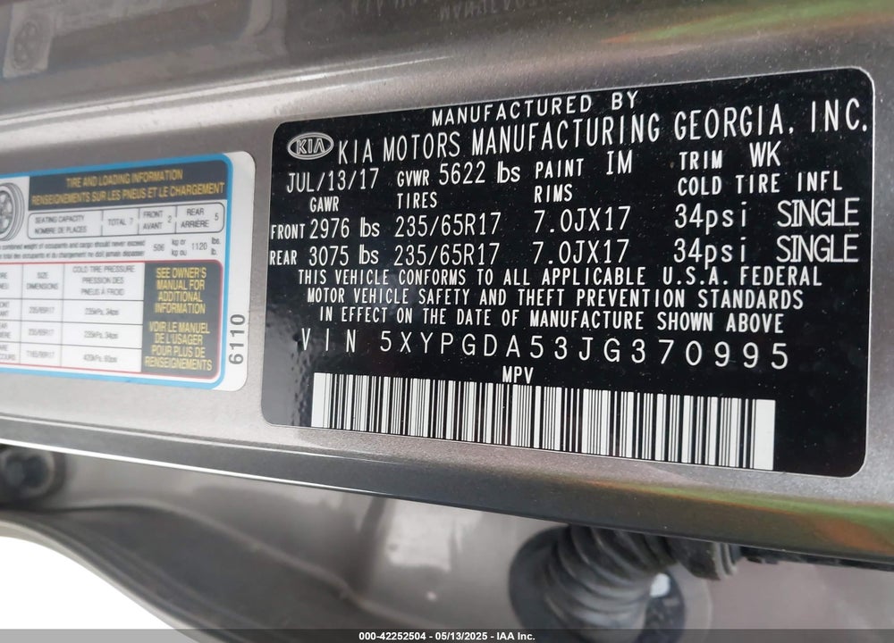 2018 KIA SORENTO VIN: 5XYPGDA53JG370995