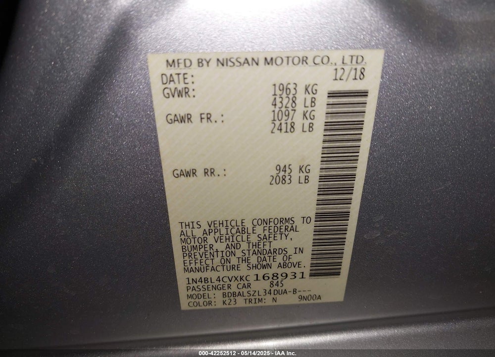 2019 NISSAN ALTIMA 2.5 SR VIN: 1N4BL4CVXKC168931