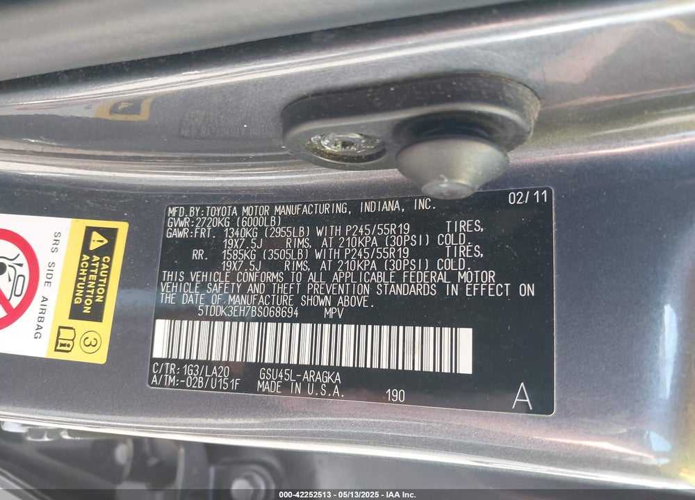 2011 TOYOTA HIGHLANDER LIMITED V6 VIN: 5TDDK3EH7BS068694