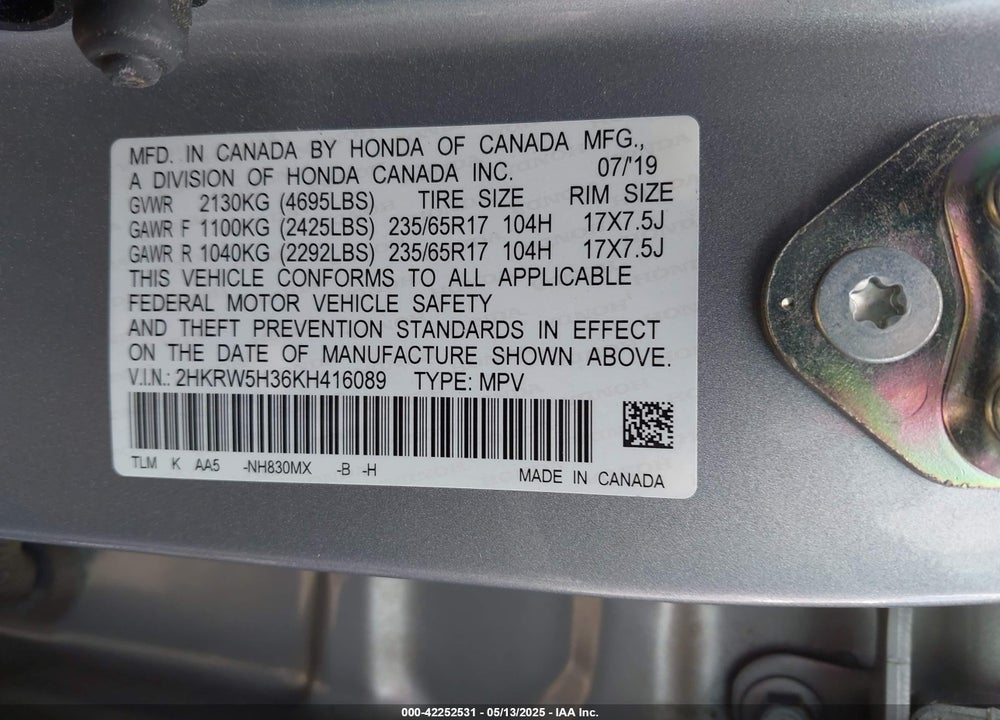 2019 HONDA CR-V VIN: 2HKRW5H36KH416089