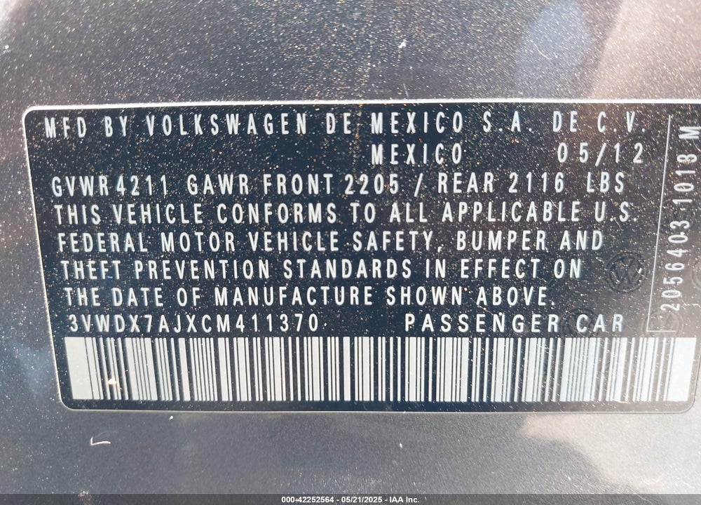 2012 VOLKSWAGEN JETTA VIN: 3VWDX7AJXCM411370