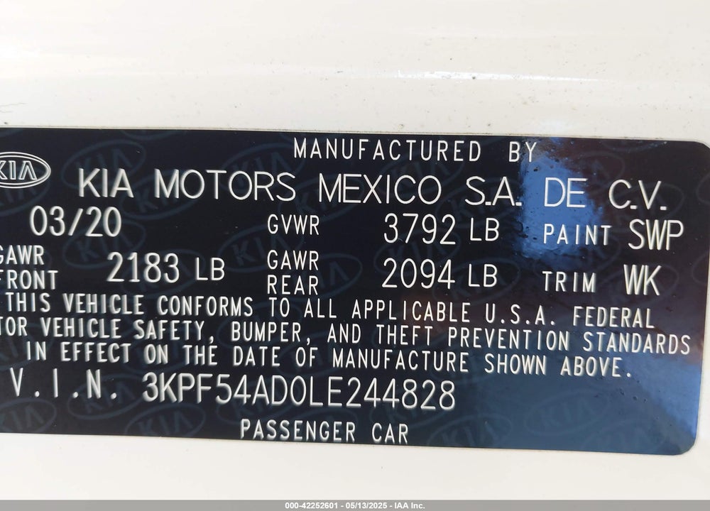 2020 KIA FORTE EX VIN: 3KPF54AD0LE244828